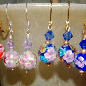 Lampwork earrings in petite 12 mm. Czech beads & Austrian crystals in six colors
